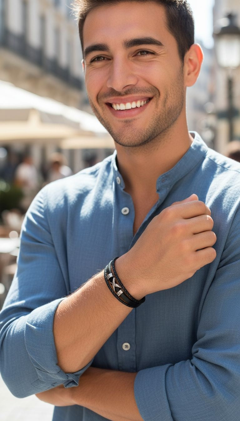 ZWARTE LEDEREN ARMBAND MET 3 RIJEN EN STALEN X