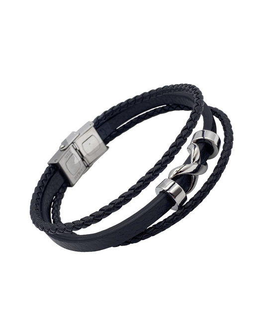 Zwarte lederen armband met 3 rijen en stalen X