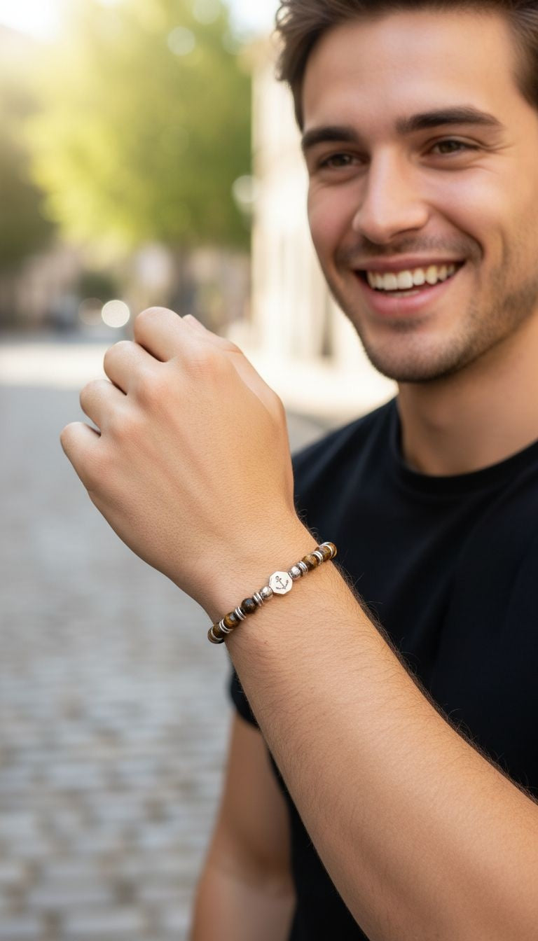 ARMBAND MET BRUINE TIJGEROOGSTENEN EN STALEN ANKERMOTIEF