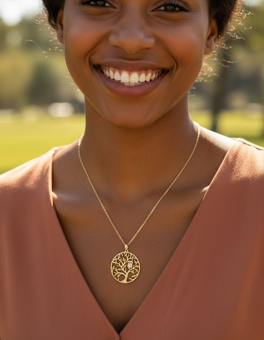 COLLIER EN PLAQUE OR  "ARBRE DE VIE" AVEC HIBOU EN ZIRCONIUM