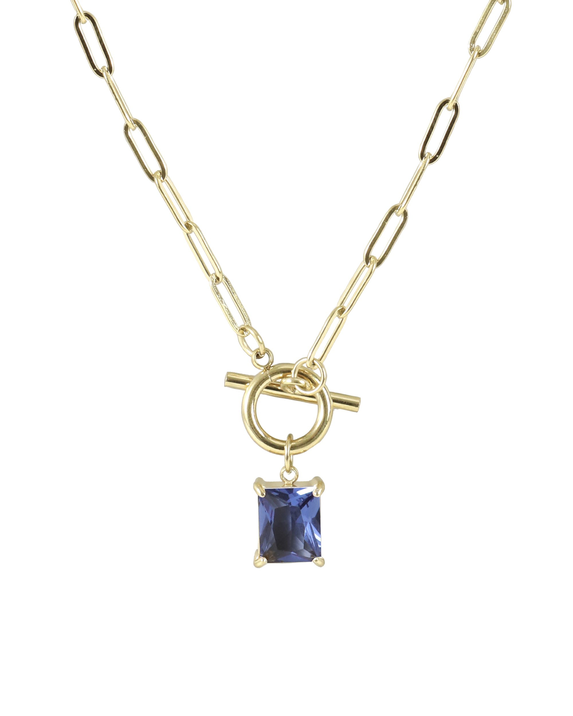 COLLIER EN ACIER DORÉ AVEC PENDENTIF RECTANGLE LIGHT SAPHIR