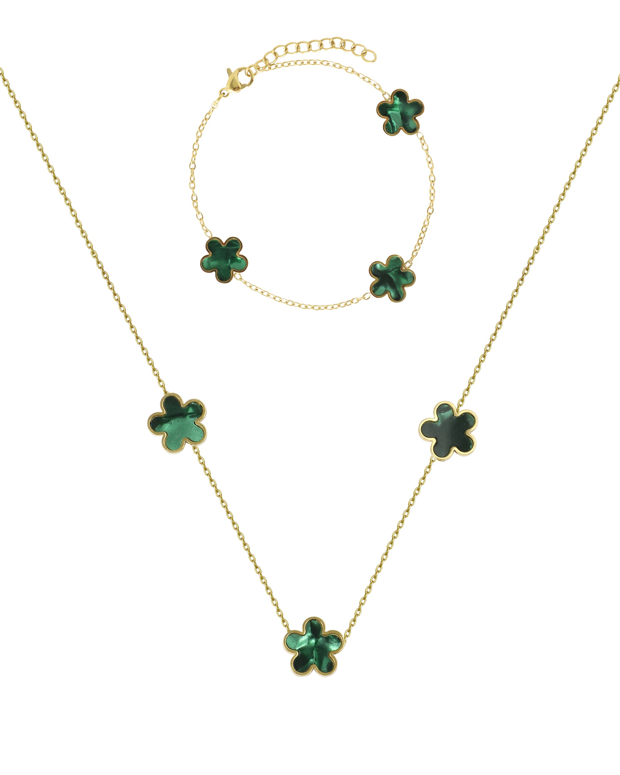 Verguld stalen sieradenset met een smaragdgroene parelmoeren bloem.