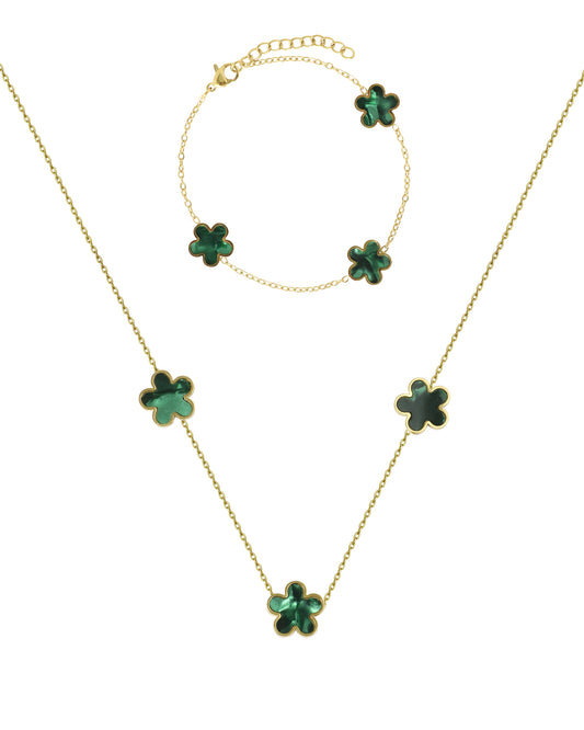 Parure en acier doré avec fleur nacre couleur émeraude