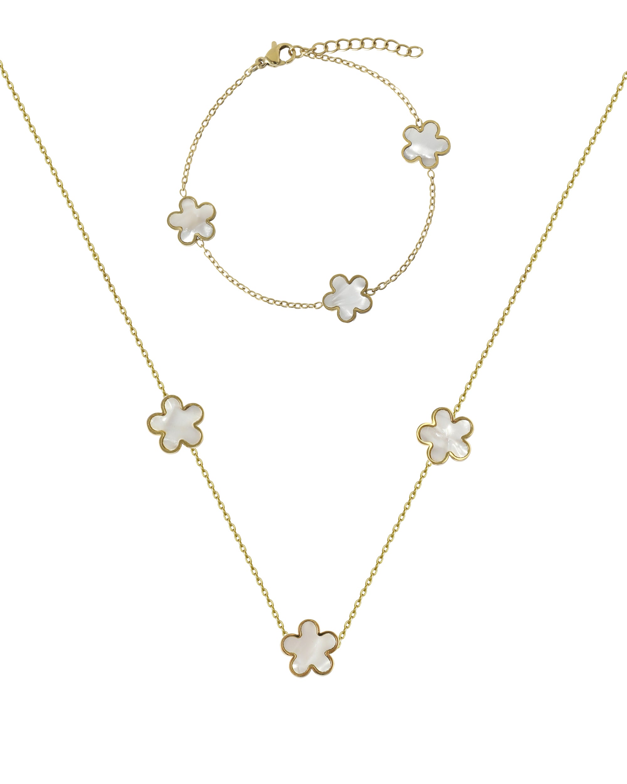 Gouden stalen bloemmotief, versierd met witte parelmoer.