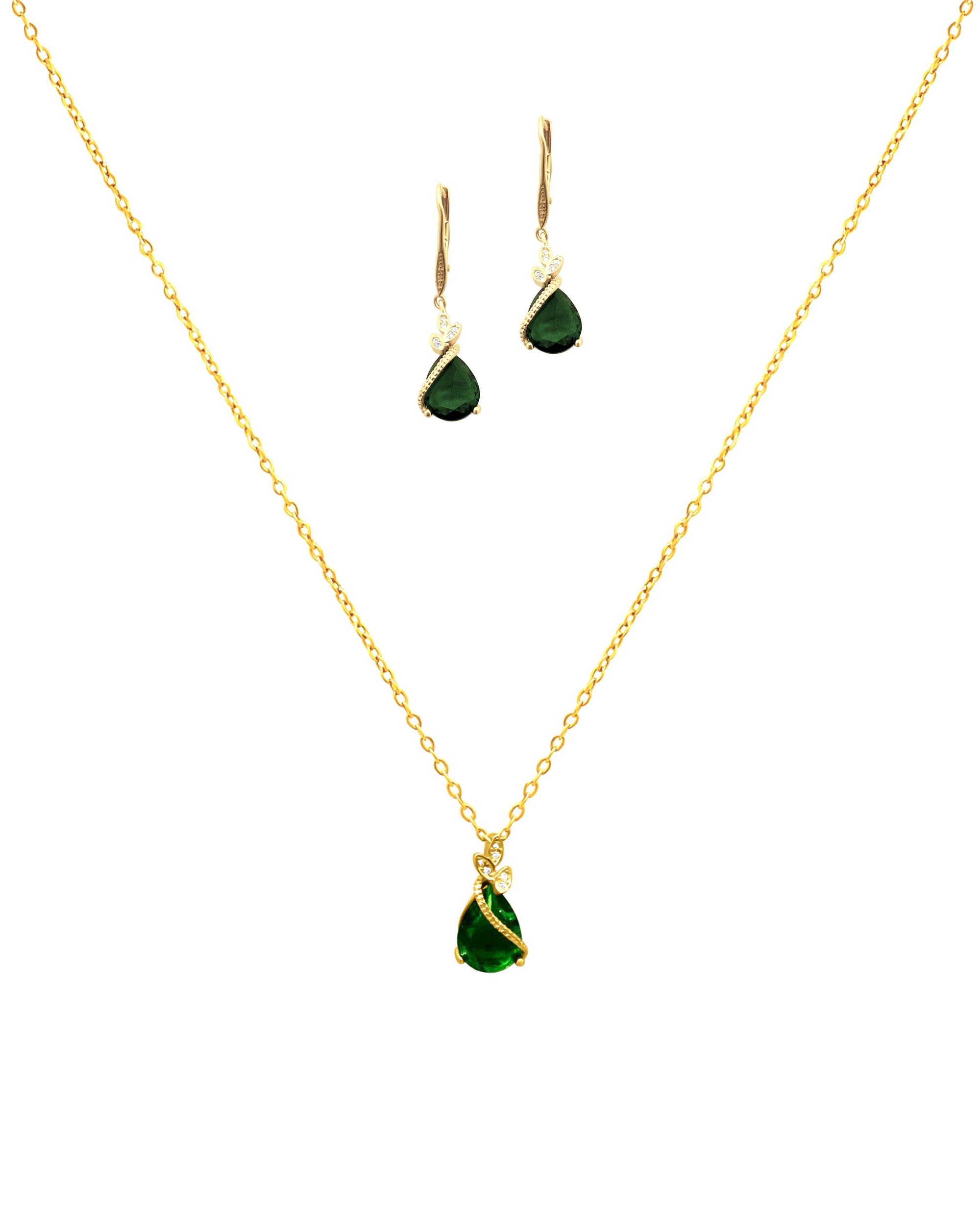VERGULDE ZILVEREN SIERADENSET MET SMARAGD EN ZIRKONIUM DRUPPELS