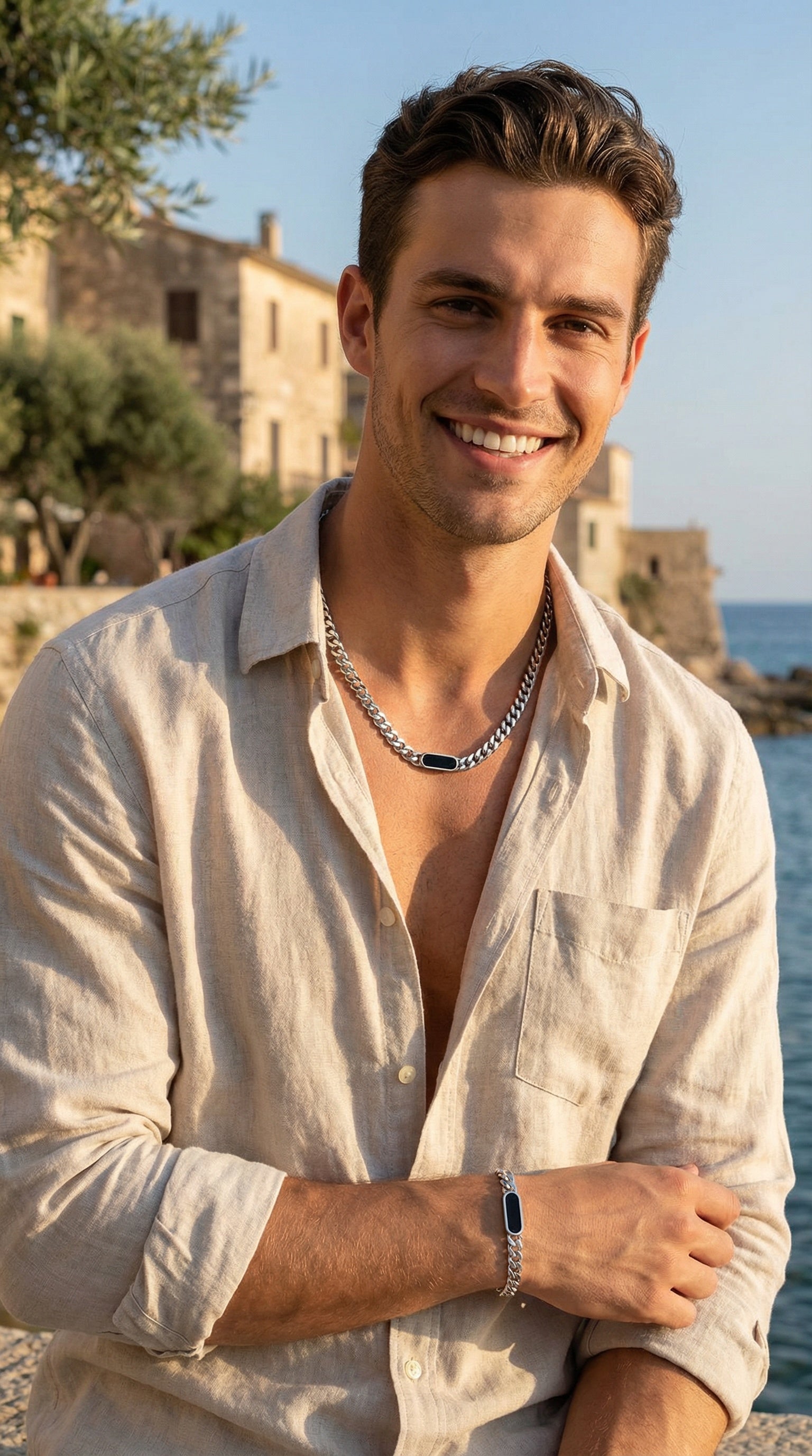 PARURE EN ACIER MAILLE GOURMETTE AVEC OVALE NOIR