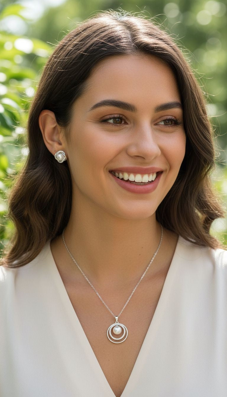 Zilveren sieraden bezet met stenen en parels.