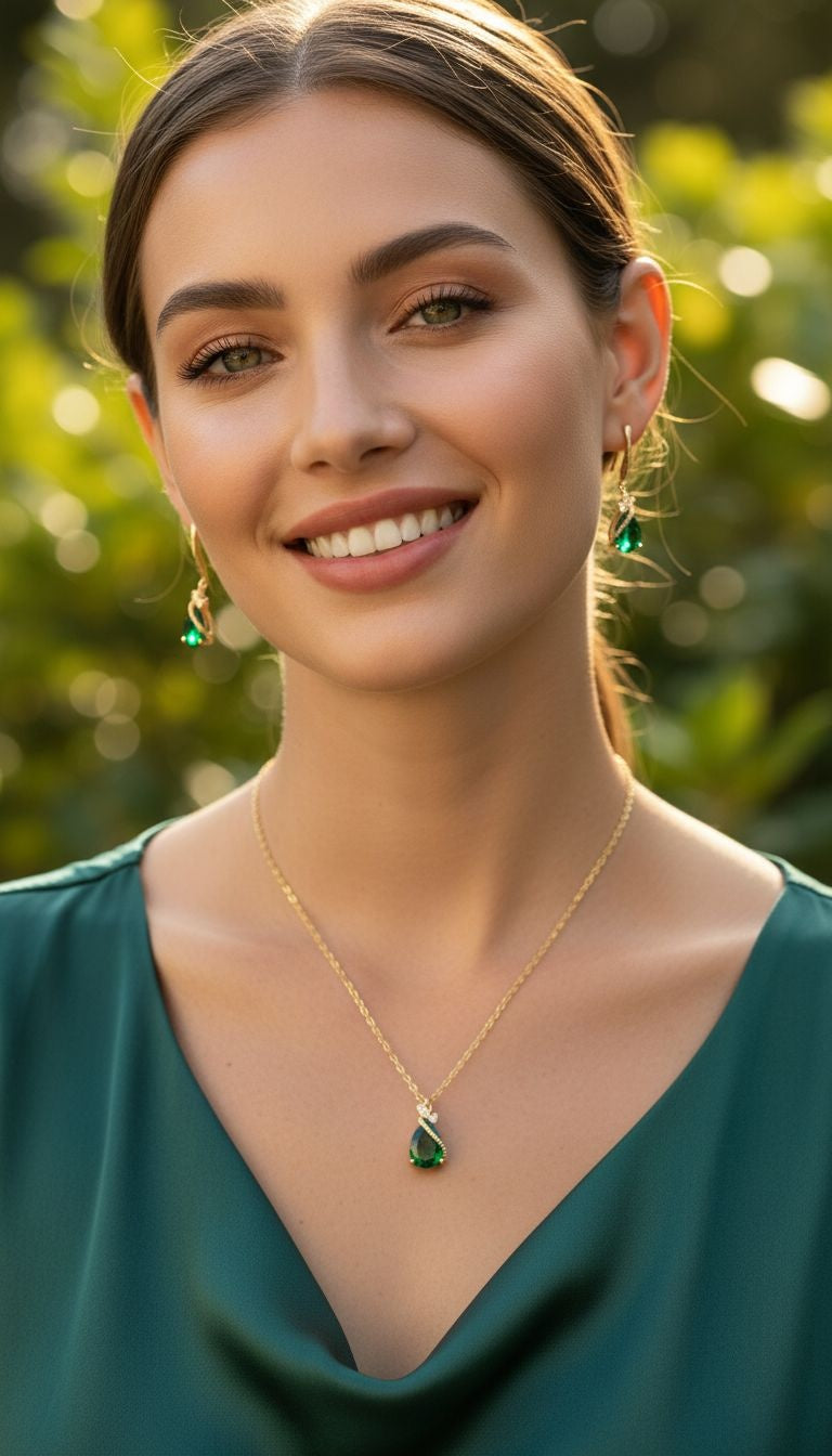 VERGULDE ZILVEREN SIERADENSET MET SMARAGD EN ZIRKONIUM DRUPPELS