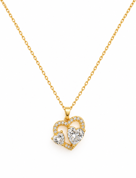 Collier en acier doré pendentif double cœur et zirconiums