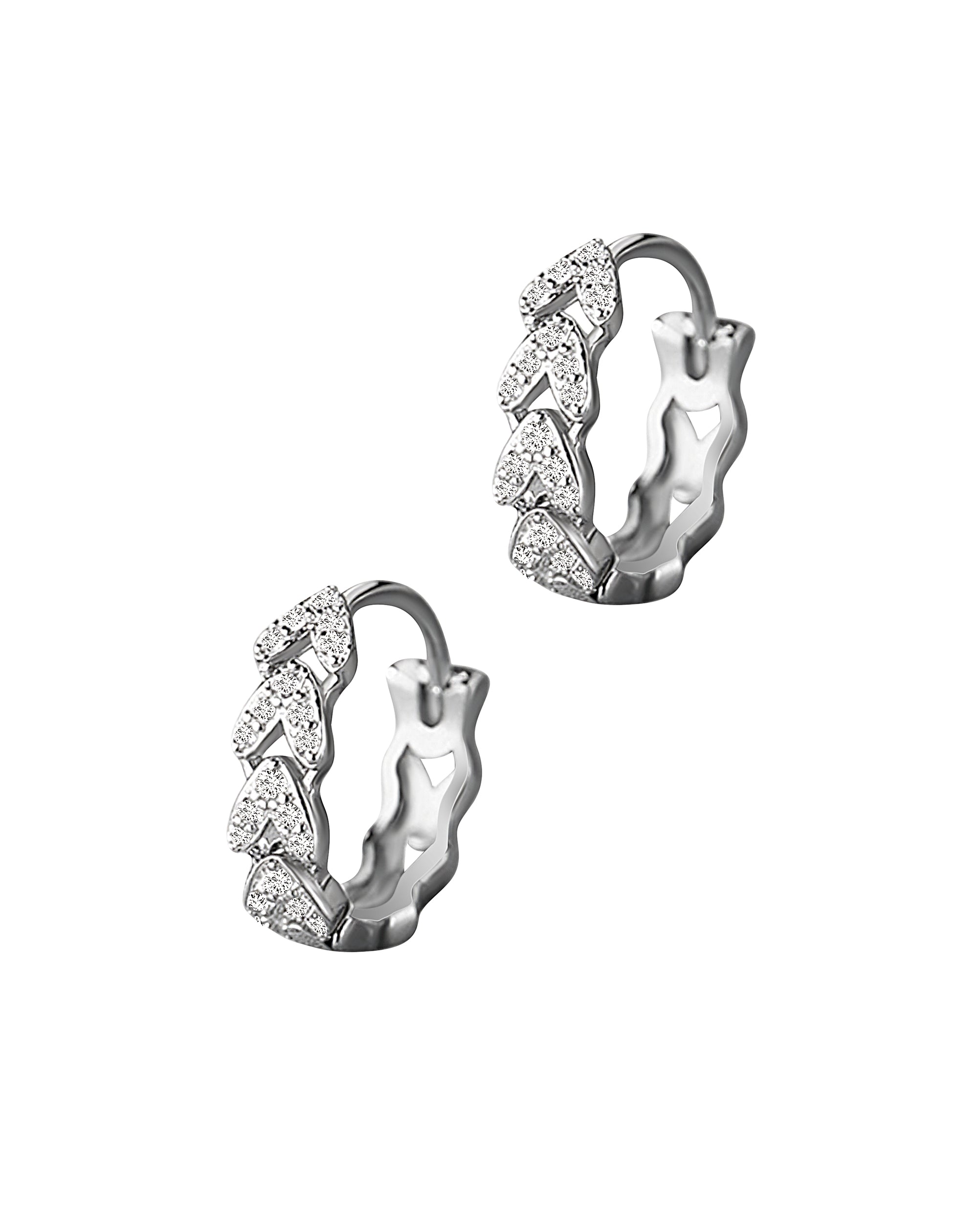 SILVER CREOLES WITH V-MOTIFS AND STONES