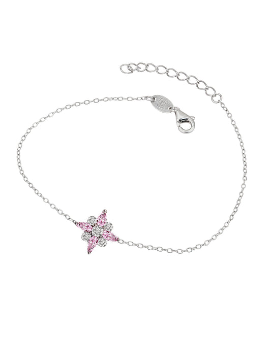 Zilveren armband met bloemenmotief, witte en roze zirkoniums