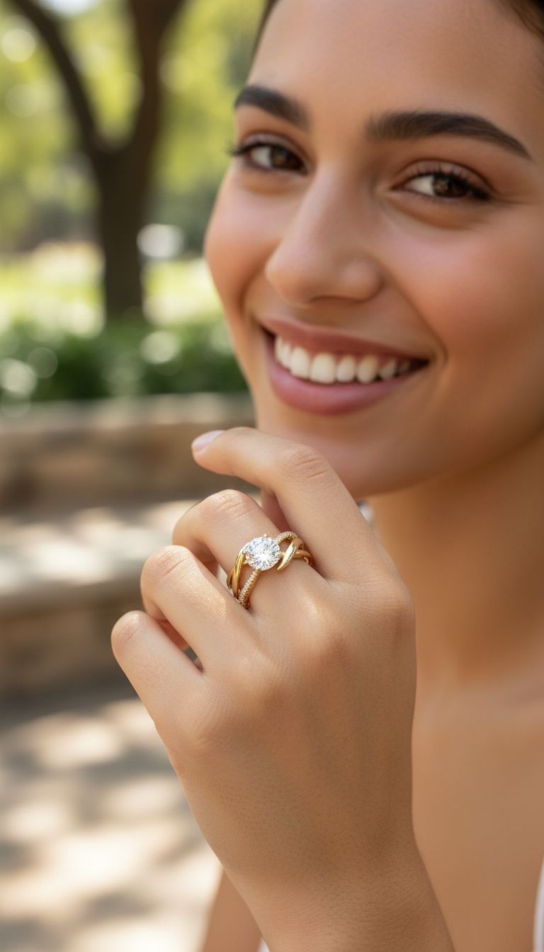 VERGULDE RING MET GOLVEN EN SOLITAIRE