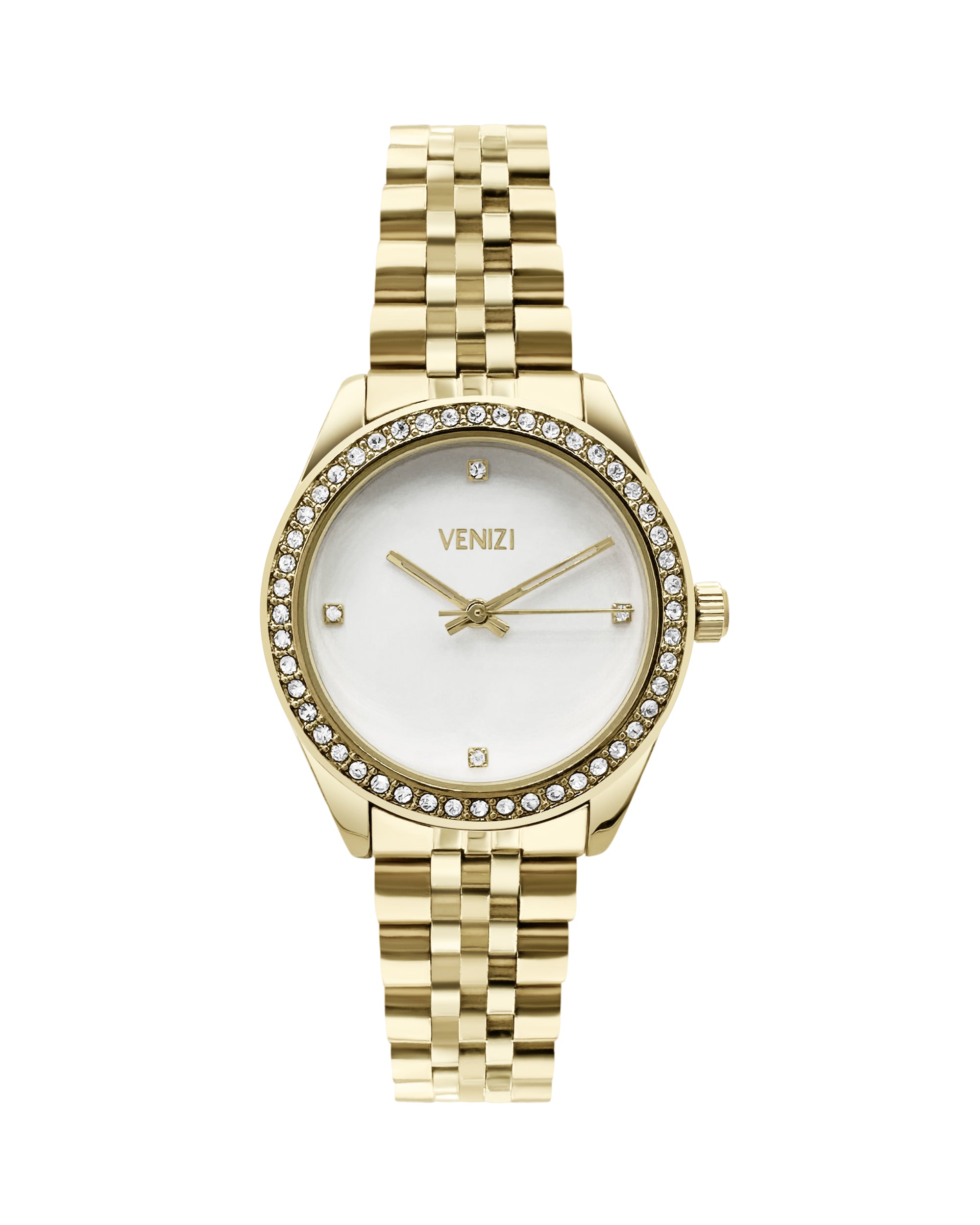 VERGULDE VENIZI HORLOGE MET STRASS-STEENTJES EN WITTE WIJZERPLAAT