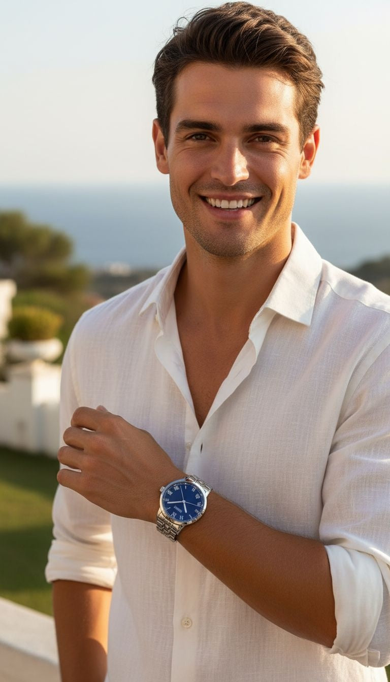 ZILVEREN VENIZI HORLOGE MET NACHTBLAUWE WIJZERPLAAT EN ROMEINSE CIJFERS