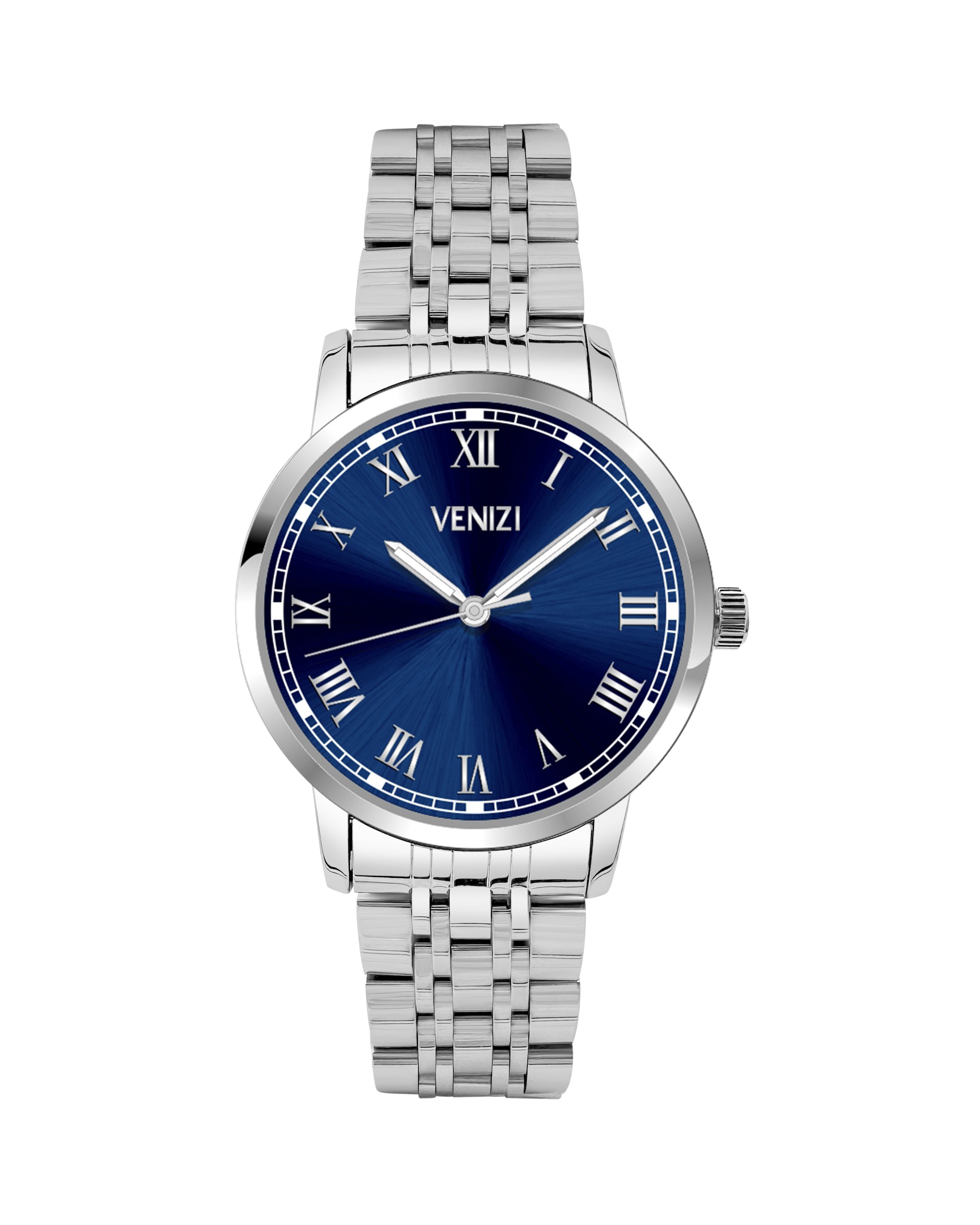 ZILVEREN VENIZI HORLOGE MET NACHTBLAUWE WIJZERPLAAT EN ROMEINSE CIJFERS