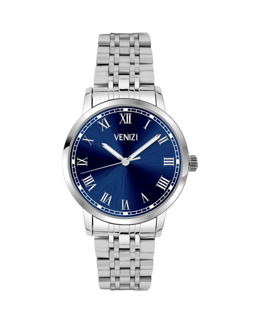 Silver Venizi watch with night blue dial and roman numerals