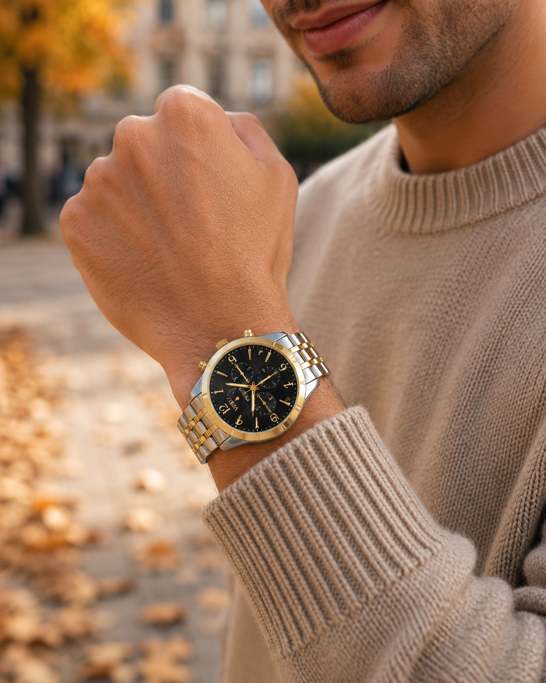 Montre Venizi bicolore avec cadran noir et lunette dorée