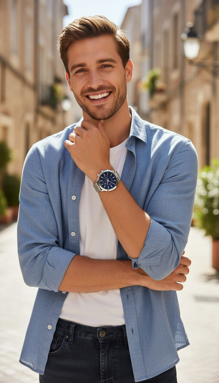 ZILVEREN VENIZI HORLOGE MET NACHTBLAUWE WIJZERPLAAT