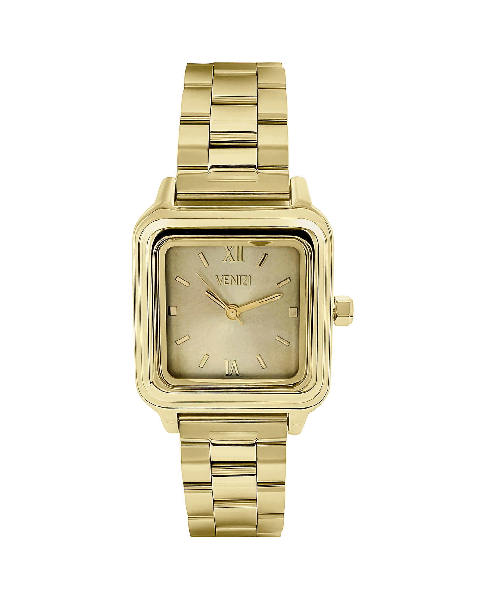 Gouden Venizi-horloge met een vierkante gouden wijzerplaat.