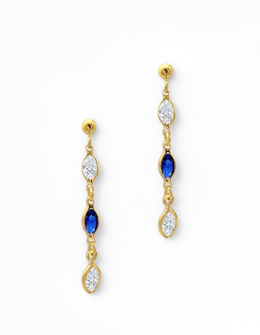BOUCLES D'OREILLES EN PLAQUE OR AVEC PIERRES BLEUE ET BLANCHES