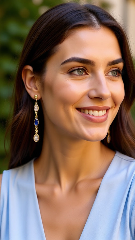 Vergulde oorbellen met blauwe en witte stenen