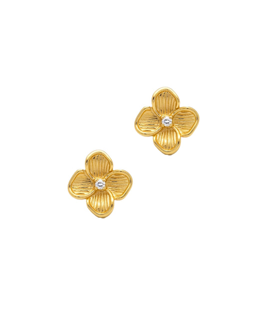 Boucles d'oreilles en plaqué or fleur strié avec mini solitaire