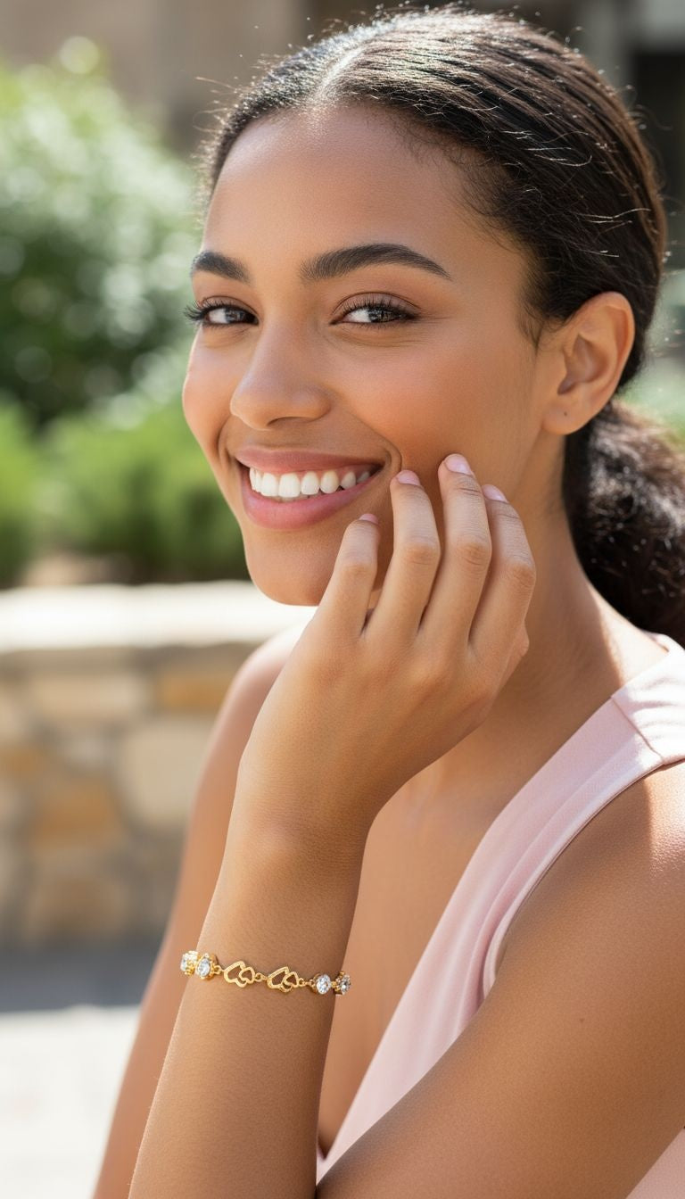 VERGULDE ARMBAND MET DUBBELE HARTEN EN STENEN