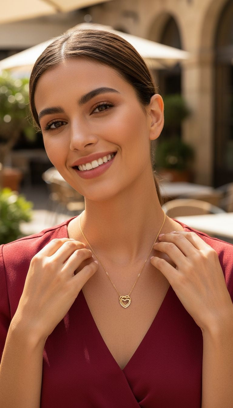 COLLIER EN PLAQUE OR TRIPLE COEURS AVEC PIERRES