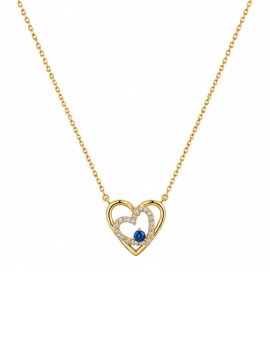 Collier en plaqué or double coeurs entrelacé avec zirconium et solitaire light blue