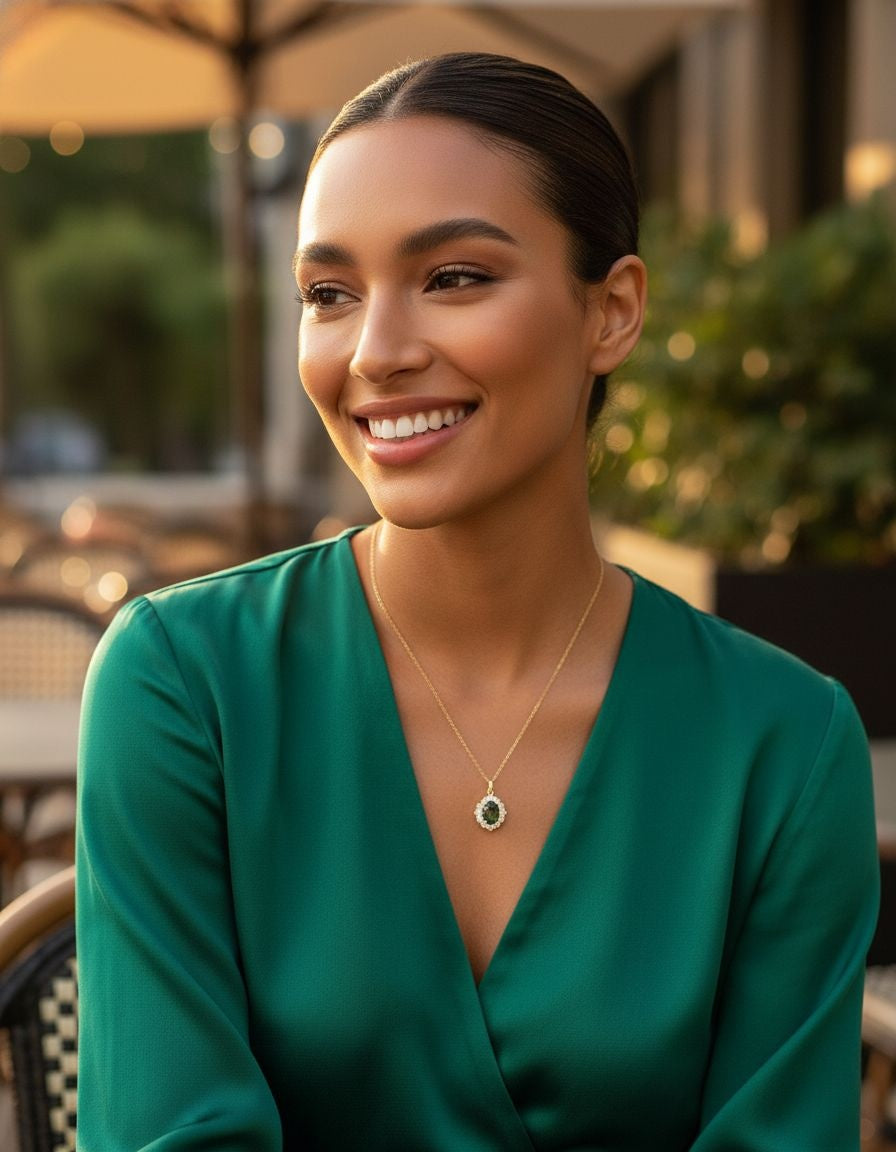 COLLIER DORÉ  AVEC ZIRCONIUM ET SOLITAIRE OLIVINE