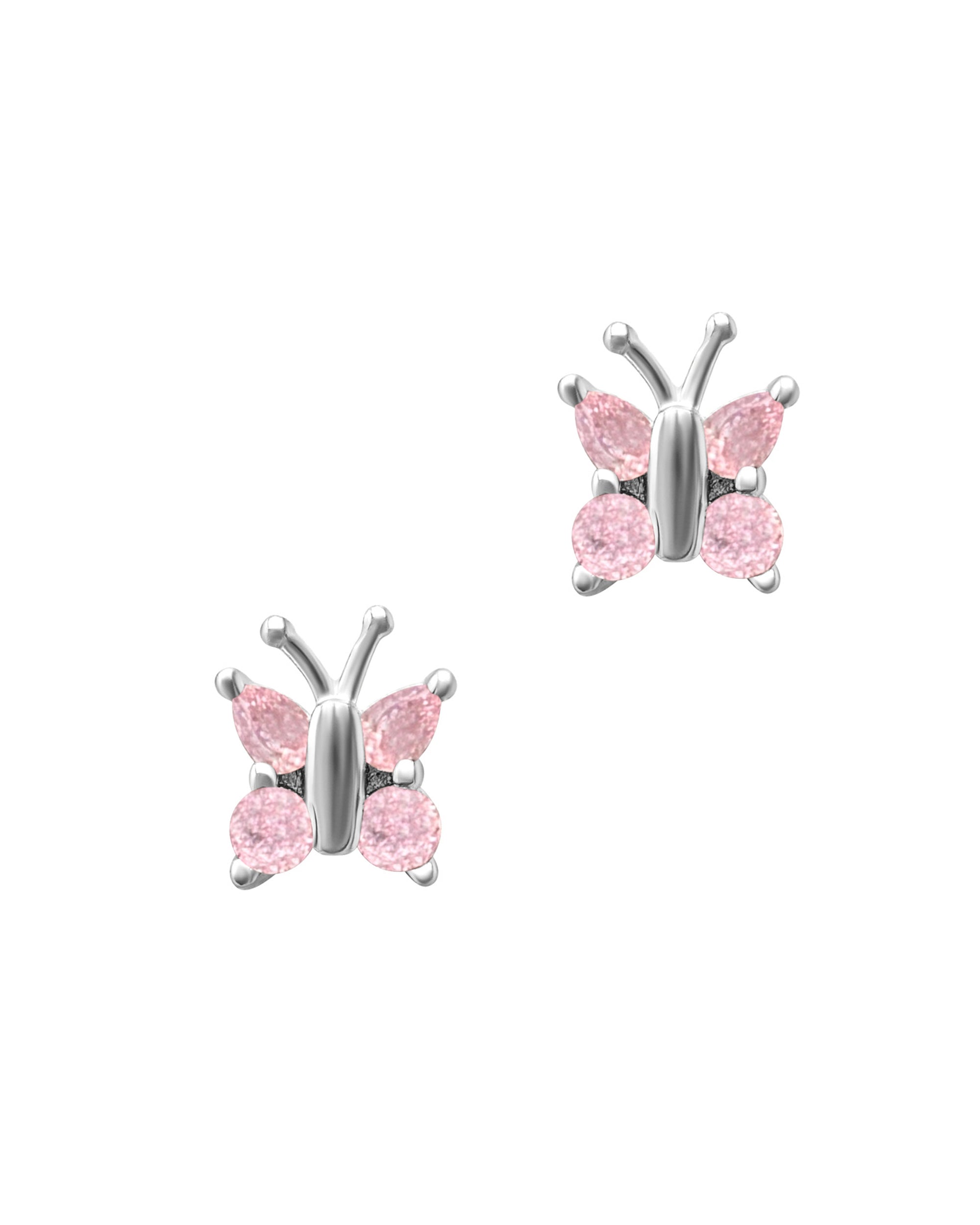 Children's silver butterfly earrings with pink stones