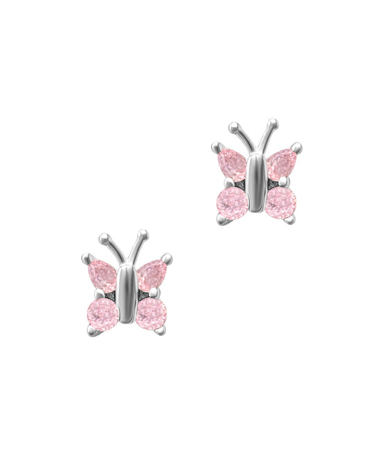 Boucles d'oreilles enfant en argent papillons avec pierres rose