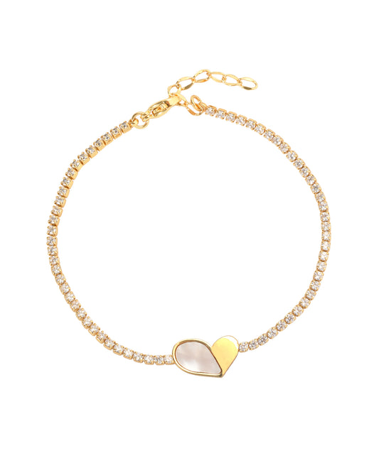 Bracelet en acier doré riviere strass coeur avec nacre