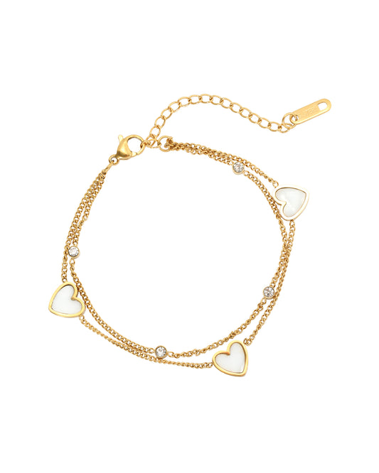 Bracelet en acier doré triple coeur nacre + strass