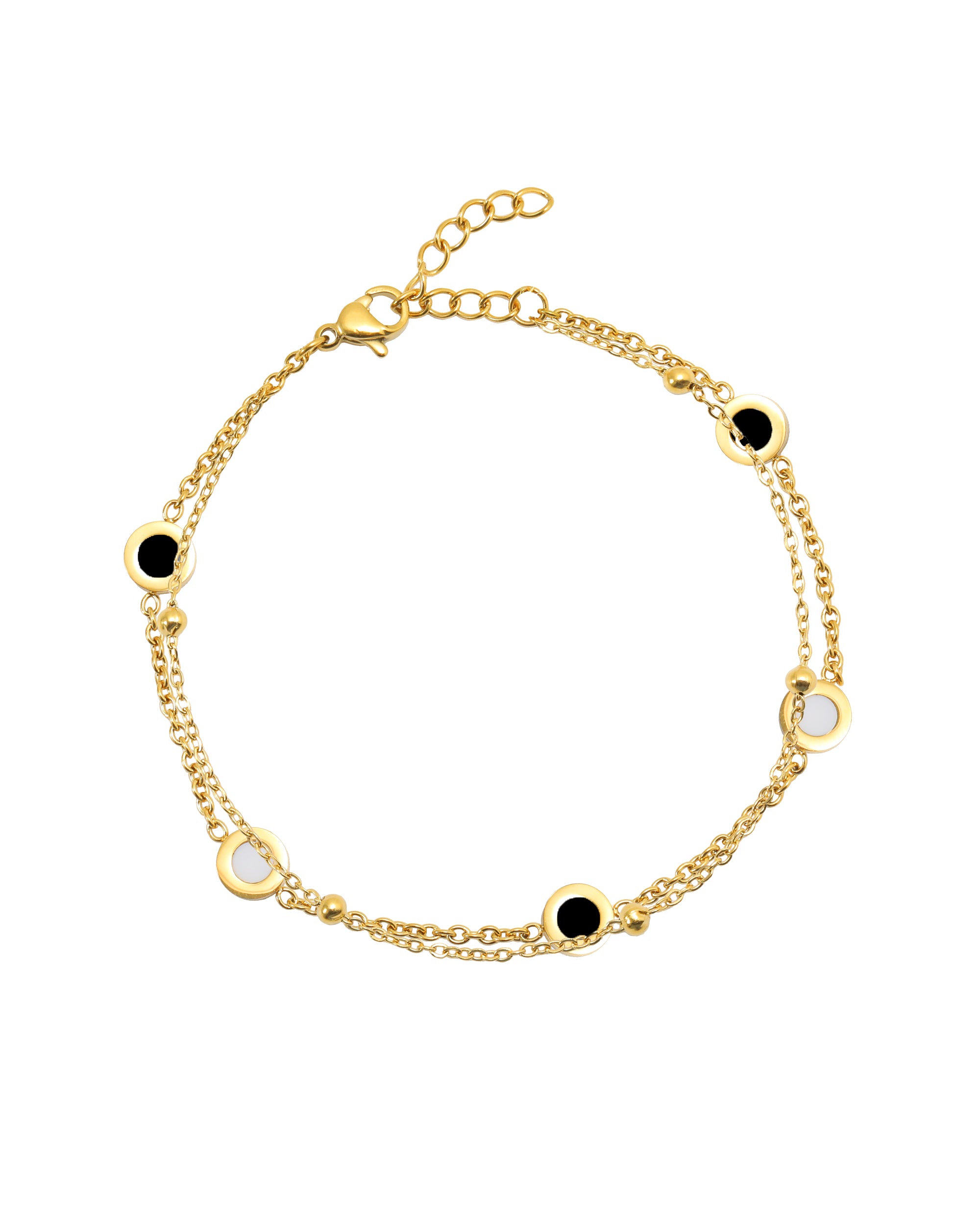 Dubbele mesh verguld stalen armband met onyx en witte ronde stenen.