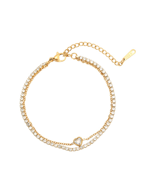 Bracelet en acier doré double maille coeur avec strass