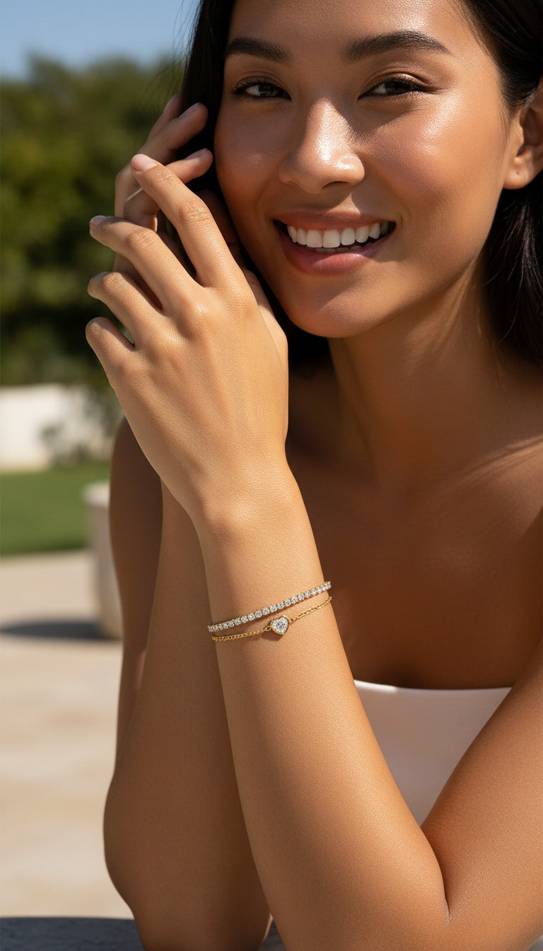BRACELET EN ACIER DORE DOUBLE MAILLE COEUR AVEC STRASS