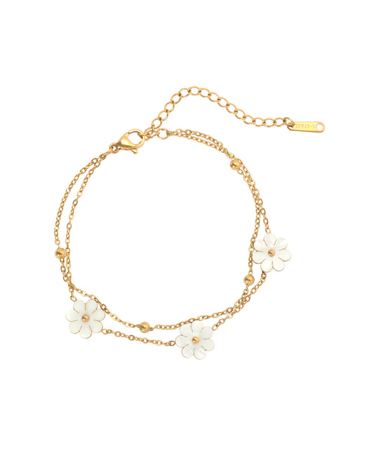 Bracelet en acier doré double maille avec billes et marguerites