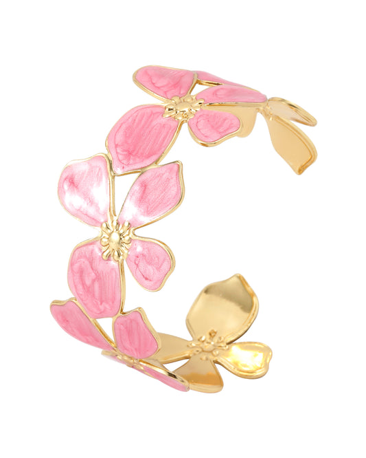 Bracelet jonc en acier doré motif fleur émail rose