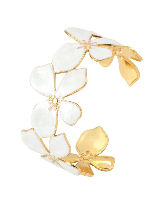 Bracelet jonc en acier doré motif fleur émail blanc