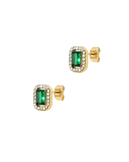 Boucles d'oreilles en acier doré rectangle émeraude avec strass