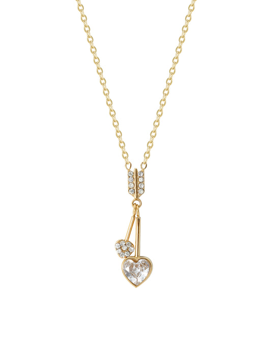 Collier en acier doré flèche avec coeurs pendant strass + zirconium