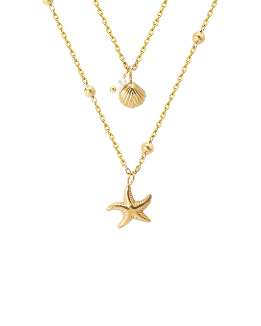 Collier en acier doré double maille avec billes + pendentif coquillage et étoile de mer