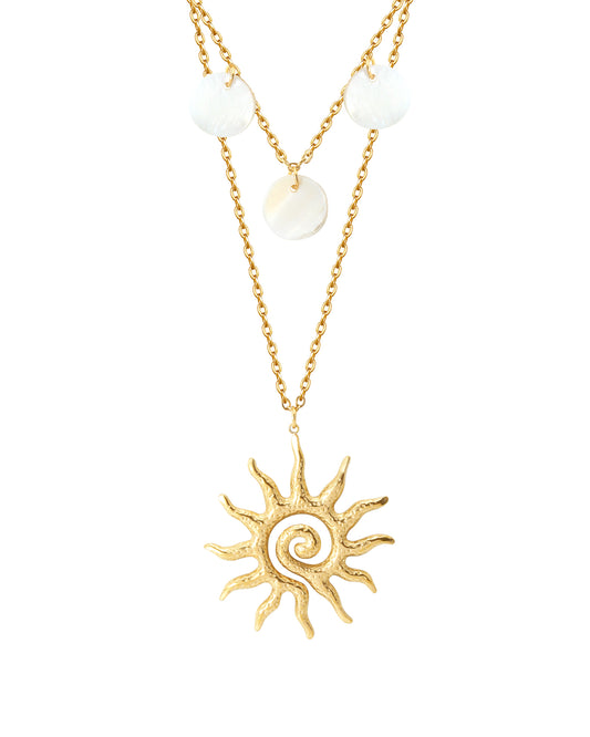 Collier en acier doré double maille avec charms pastilles nacrées et pendentif soleil