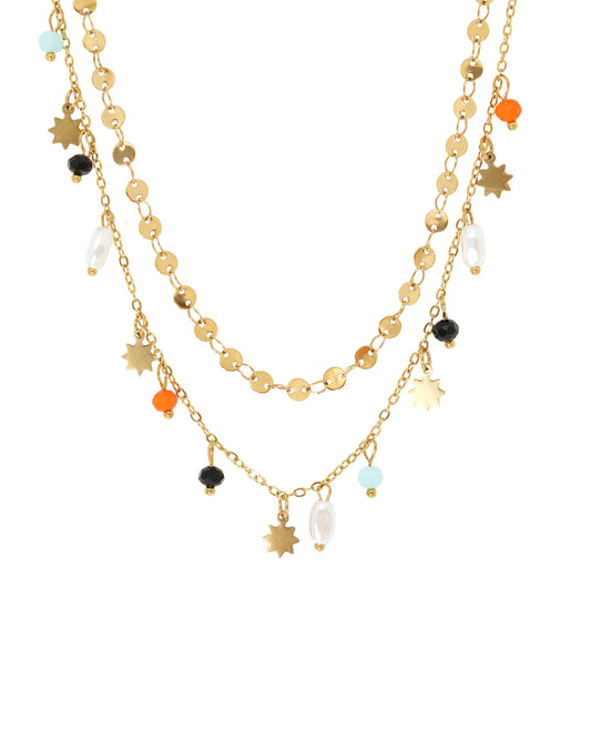 Collier en acier doré double maille avec charms étoiles, perles et pierres colorées
