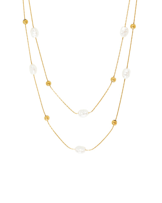 Collier en acier double maille avec perle baroque et billes