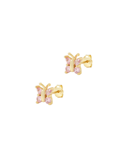 Boucles d'oreilles enfant en argent doré papillons avec pierres rose
