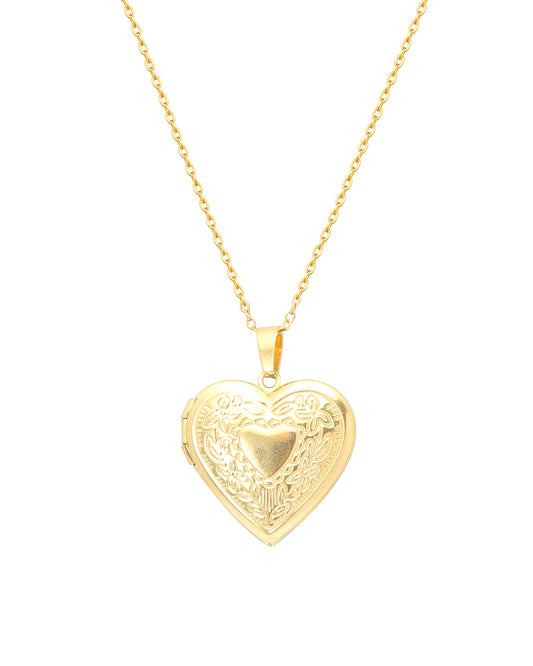 Collier en acier doré avec médaillon coeur porte - photo