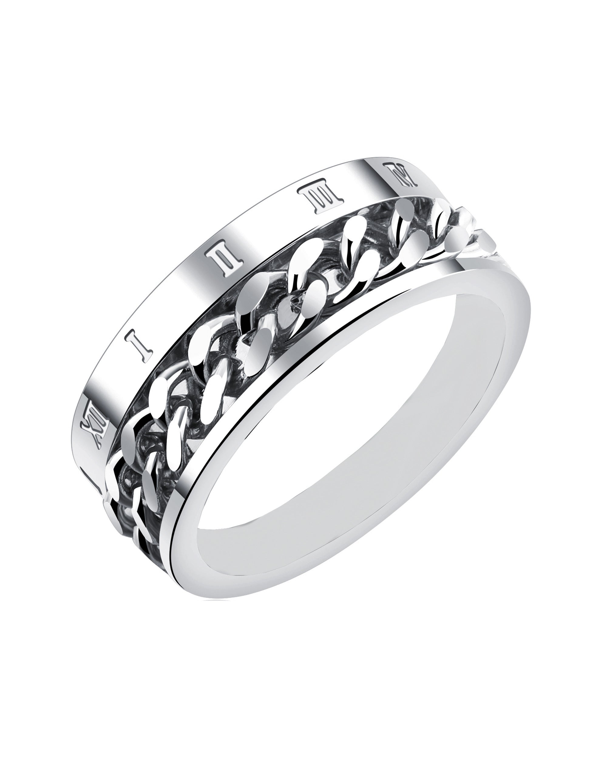 BAGUE EN ACIER MAILLE GOURMETTE ET CHIFFRES ROMAINS