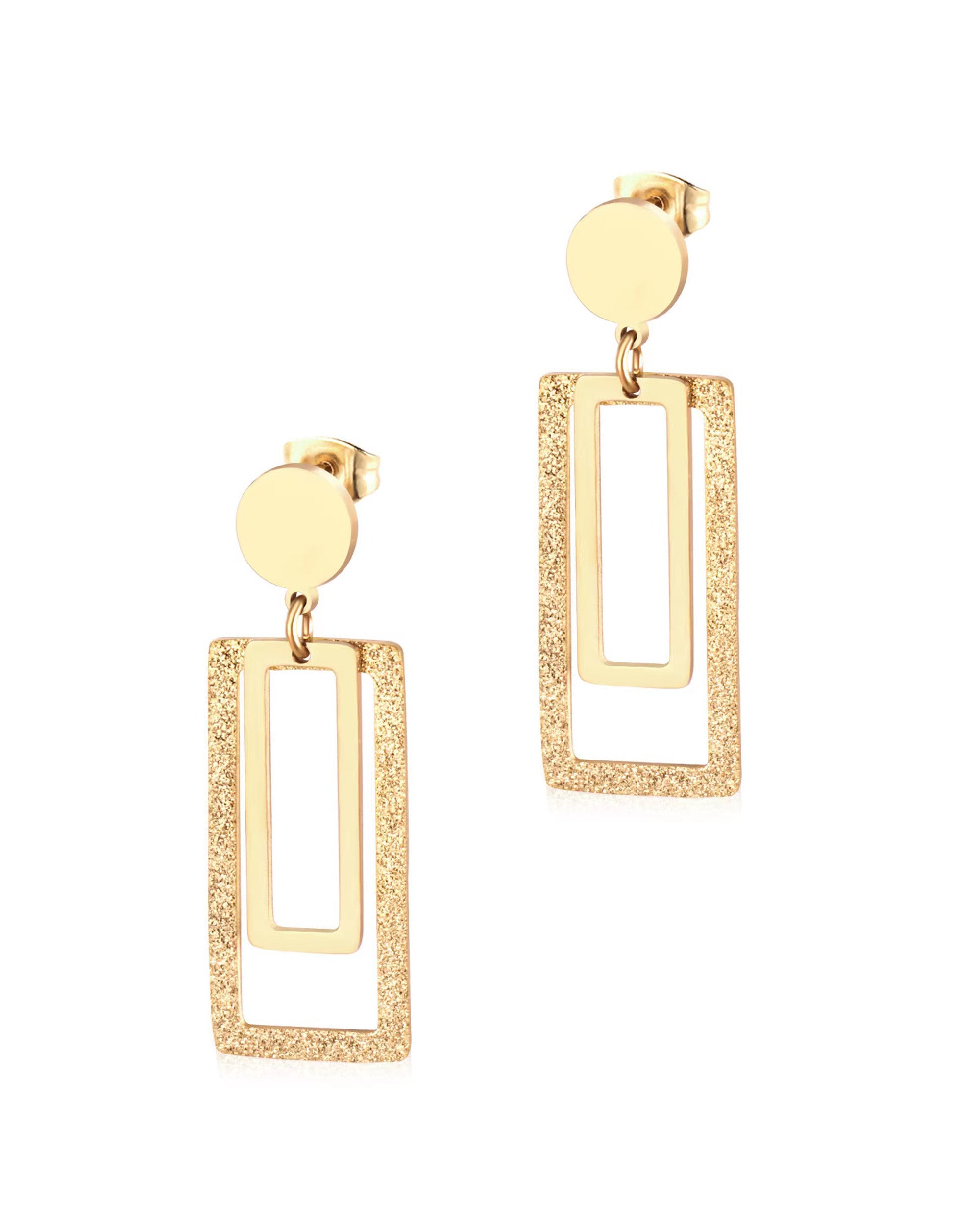 BOUCLES D'OREILLES EN ACIER DORE ROND ET RECTANGLES AVEC PAILLETTES